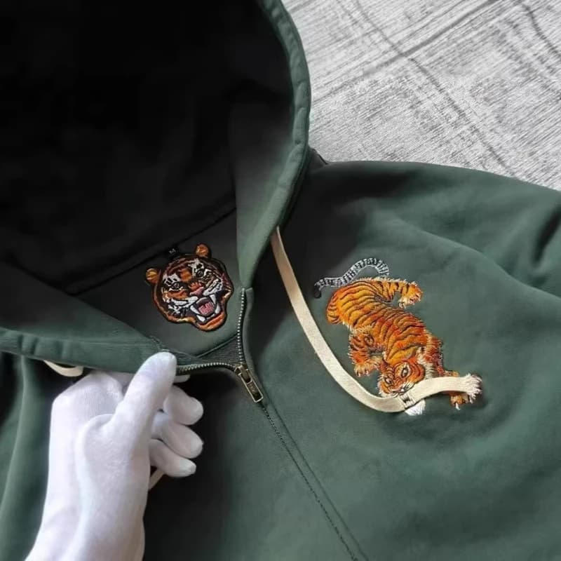 American Retro Tiger Embroidery Zip Hoodies Man Spring Loose Street Style Casual Long Sleeve Tops Female Daily Fashion Outerwear