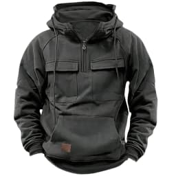 Men's Stylish Casual Solid-Color Hooded Brushed Fleece Hoodie, Fashionable Half-Zip Multi-Pocket Comfortable Street Hoodie