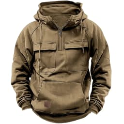 Men's Stylish Casual Solid-Color Hooded Brushed Fleece Hoodie, Fashionable Half-Zip Multi-Pocket Comfortable Street Hoodie