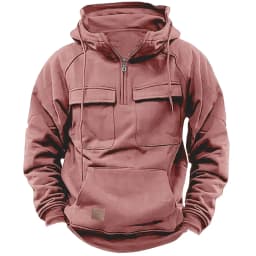 Men's Stylish Casual Solid-Color Hooded Brushed Fleece Hoodie, Fashionable Half-Zip Multi-Pocket Comfortable Street Hoodie