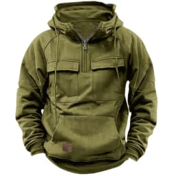 Men's Stylish Casual Solid-Color Hooded Brushed Fleece Hoodie, Fashionable Half-Zip Multi-Pocket Comfortable Street Hoodie