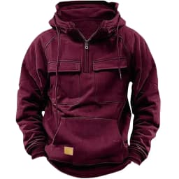 Men's Stylish Casual Solid-Color Hooded Brushed Fleece Hoodie, Fashionable Half-Zip Multi-Pocket Comfortable Street Hoodie