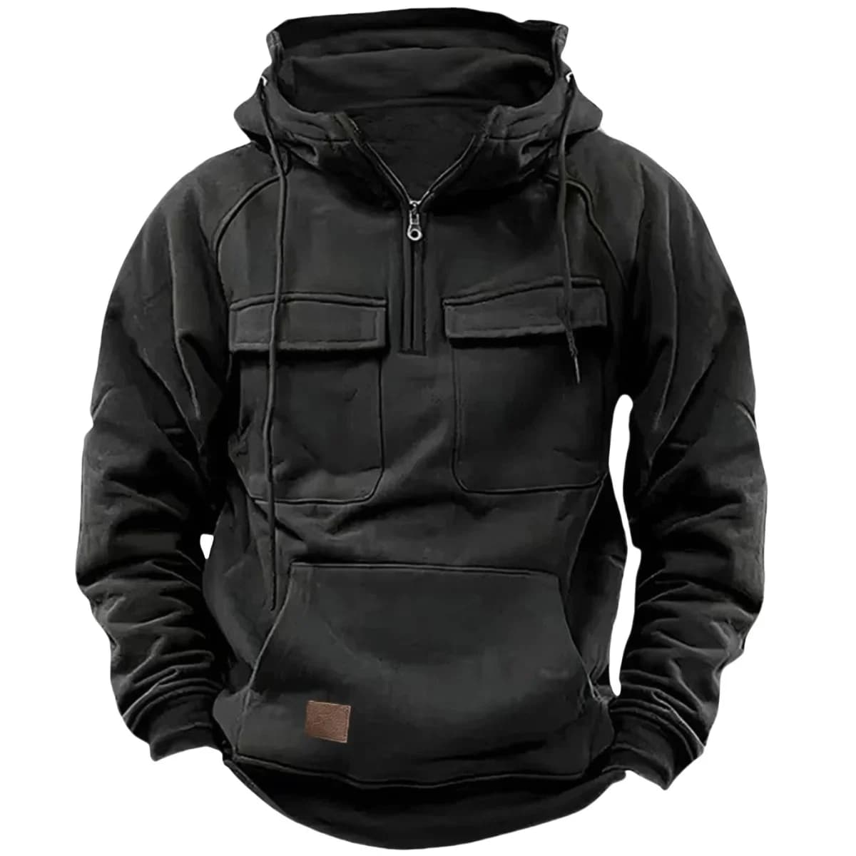 Men's Stylish Casual Solid-Color Hooded Brushed Fleece Hoodie, Fashionable Half-Zip Multi-Pocket Comfortable Street Hoodie