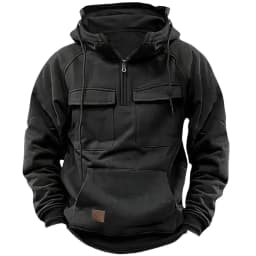 Men's Stylish Casual Solid-Color Hooded Brushed Fleece Hoodie, Fashionable Half-Zip Multi-Pocket Comfortable Street Hoodie
