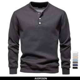 AIOPESON Men's High Quality Sweatshirt Solid Color Button Down Placket Winter Warm Fleece Lined Casual Pullover Mens Sweatshirts