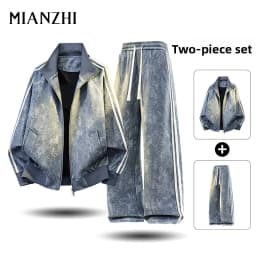 American Style Casual Sports Set for Men Cotton Long Sleeve Jacket And Pants Autumn Spring Stand Collar Sweatshirt Outfit