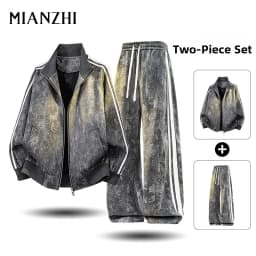 American Style Casual Sports Set for Men Cotton Long Sleeve Jacket And Pants Autumn Spring Stand Collar Sweatshirt Outfit