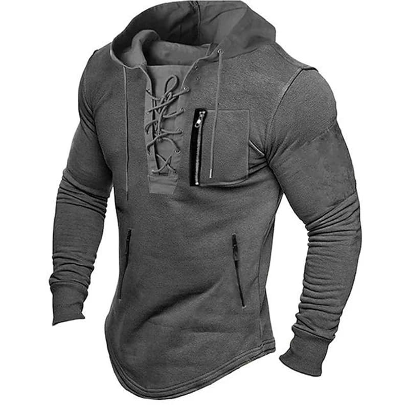 2026 Men Autumn Spring Top Lace Up Drawstring Solid Color Long Sleeve Zipper Pockets Pullover Streetwear Men Mid Length Hoodie