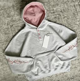 Y2K Retro Loose Sakura Embroidered Hoodie Unisex Pink Quarter-Button Sweatshirt Harajuku Style Hip-Hop Pattern Streetwear