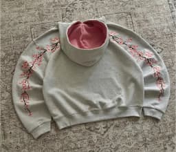 Y2K Retro Loose Sakura Embroidered Hoodie Unisex Pink Quarter-Button Sweatshirt Harajuku Style Hip-Hop Pattern Streetwear