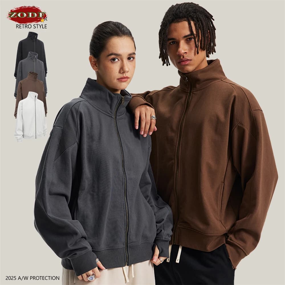 ZODF Fashion 2025 Autumn Man Solid 430gsm Zipper Hoodies For Men Unisex Heavy Weight Loose Stand Collar Coats HY1101