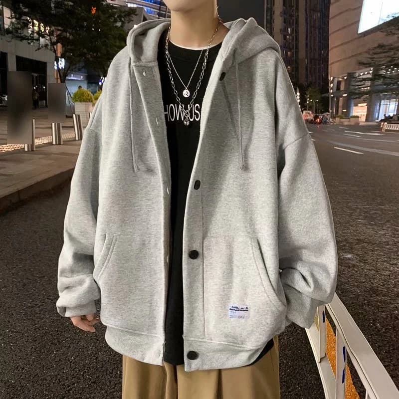 Men's Oversized Fleece-lined Hoodie Cardigan Thickened Autumn Winter Casual Style Pure Color Button Closure Loose Fit Coat