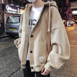 Men's Oversized Fleece-lined Hoodie Cardigan Thickened Autumn Winter Casual Style Pure Color Button Closure Loose Fit Coat