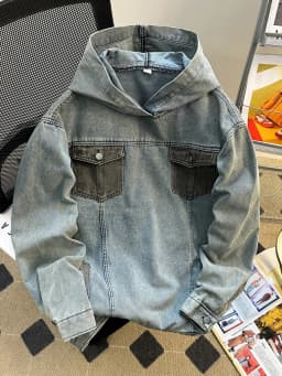 Spring Autumn Denim Hoodie Splicing with Pockets Men's Sweatshirts American Casual Fashion Loose Jean Male Pullover Top