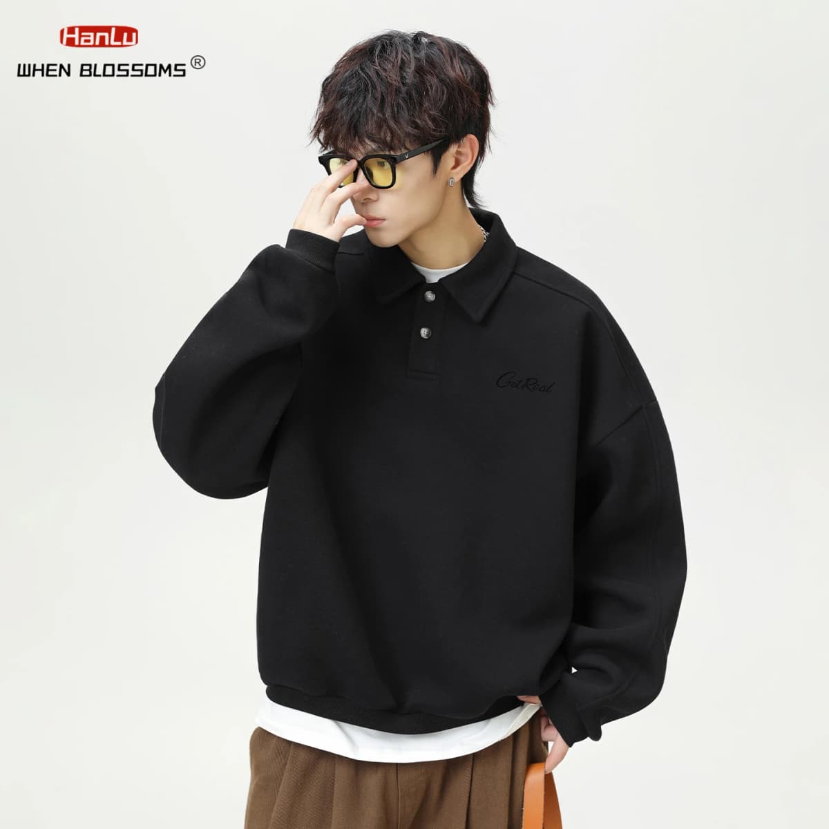 HANGLU 2025 Men's Oversized Collar Sweatshirt Vintage Button Placket Long Sleeve Polo Pullover Loose Fit Streetwear Top