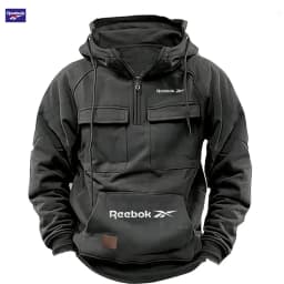 Reebok New Autumn-Winter Men's Hooded Sweatshirt, Solid Color Casual Fashion Design, Multi-Pocket Patchwork Hoodie, Men's Sweats