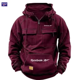 Reebok New Autumn-Winter Men's Hooded Sweatshirt, Solid Color Casual Fashion Design, Multi-Pocket Patchwork Hoodie, Men's Sweats