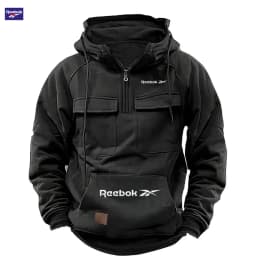 Reebok New Autumn-Winter Men's Hooded Sweatshirt, Solid Color Casual Fashion Design, Multi-Pocket Patchwork Hoodie, Men's Sweats