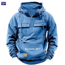 Reebok New Autumn-Winter Men's Hooded Sweatshirt, Solid Color Casual Fashion Design, Multi-Pocket Patchwork Hoodie, Men's Sweats