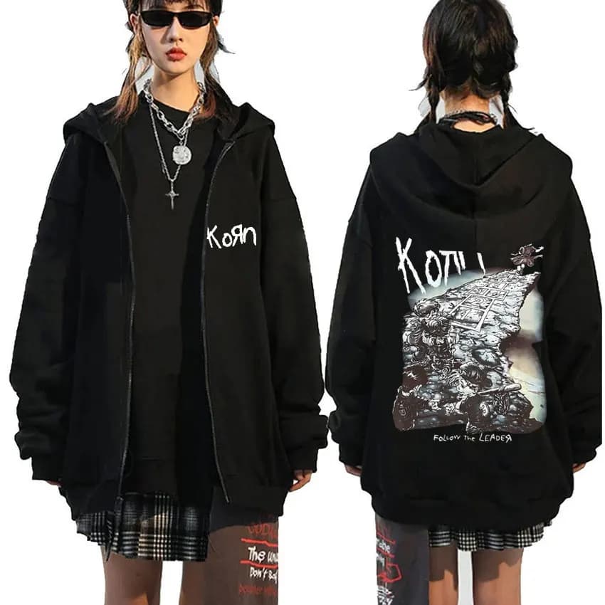 Korn Rock Band Ftl 25 Follow The Leader Zipper Hoodie Men Women Gothic Casual Zip Up Hoodies Men's Vintage Graphic Zip Up Jacket