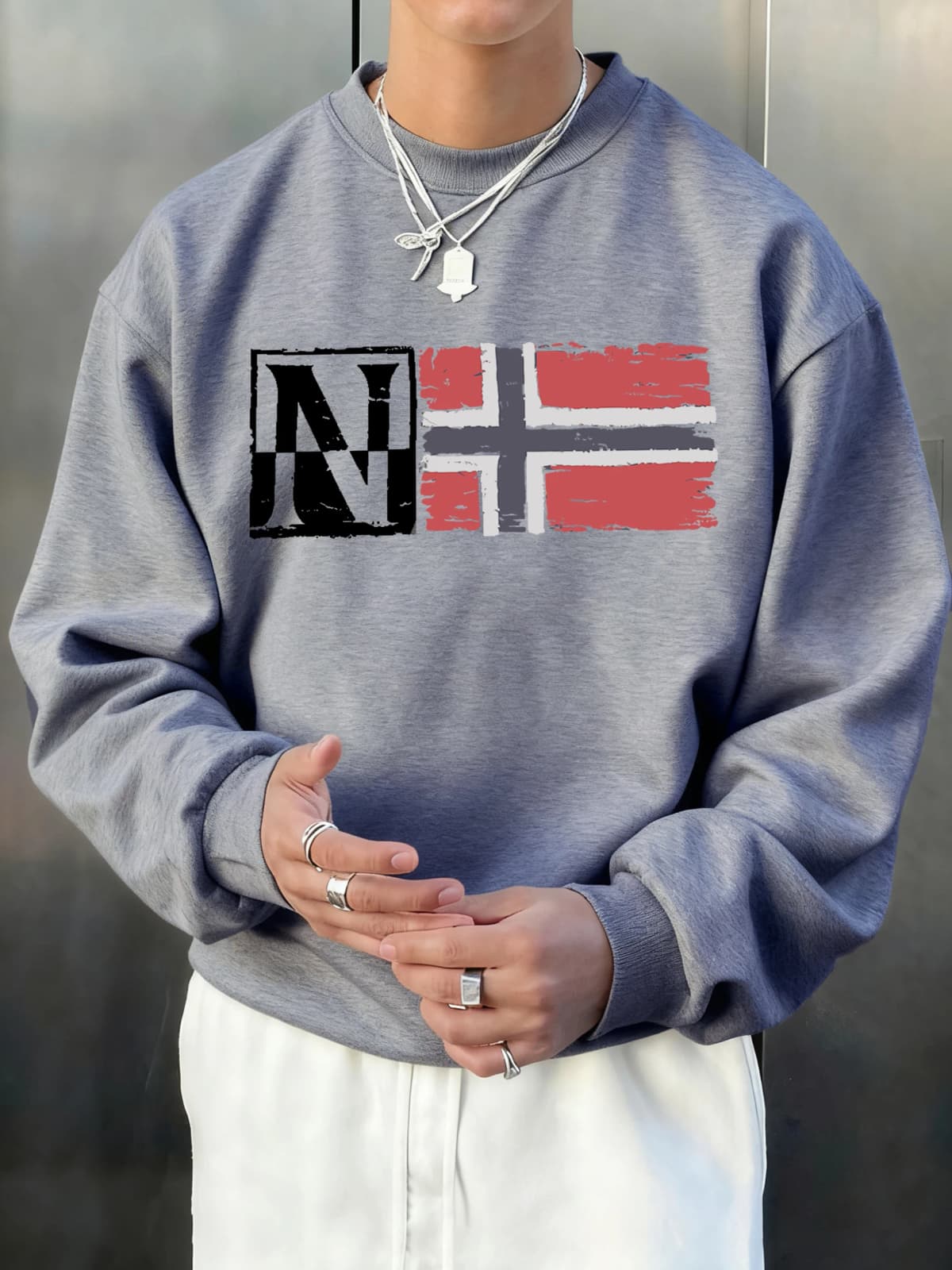 N Artistic Characters And Flag Print Pullover Men Autumn Loose Hoody Casual Fleece Soft Sweatshirt All-Match O-Neck Long Sleeve