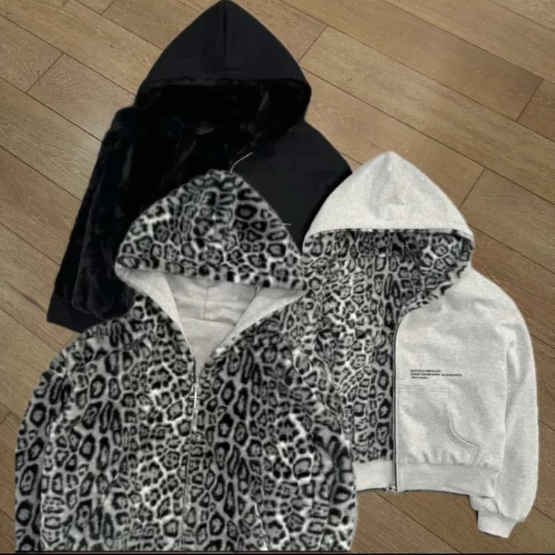 2025 Korean new zipper hoodie double-sided jacket retro leopard print print men's hip-hop casual sweatshirt couple style
