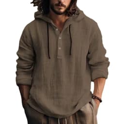 Men Cotton Linen Hooded Coats Autumn Spring Male Button Tie Collar Long Sleeve Solid Color Pullover Sweashirt Beachwear