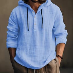 Men Cotton Linen Hooded Coats Autumn Spring Male Button Tie Collar Long Sleeve Solid Color Pullover Sweashirt Beachwear