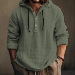 Men Cotton Linen Hooded Coats Autumn Spring Male Button Tie Collar Long Sleeve Solid Color Pullover Sweashirt Beachwear