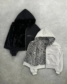 American Vintage Y2K Reversible Leopard Print Hoodie womens mens Gray Zipper Sweatshirt with Faux Fur Lining Streetwear