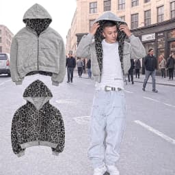 American Vintage Y2K Reversible Leopard Print Hoodie womens mens Gray Zipper Sweatshirt with Faux Fur Lining Streetwear