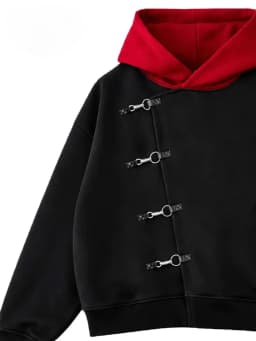 Y2K Retro Black White Match Hoodie Japanese Strap Button Splicing Metal Sweatshirt Trendy Simple Men Women Oversized Streetwear