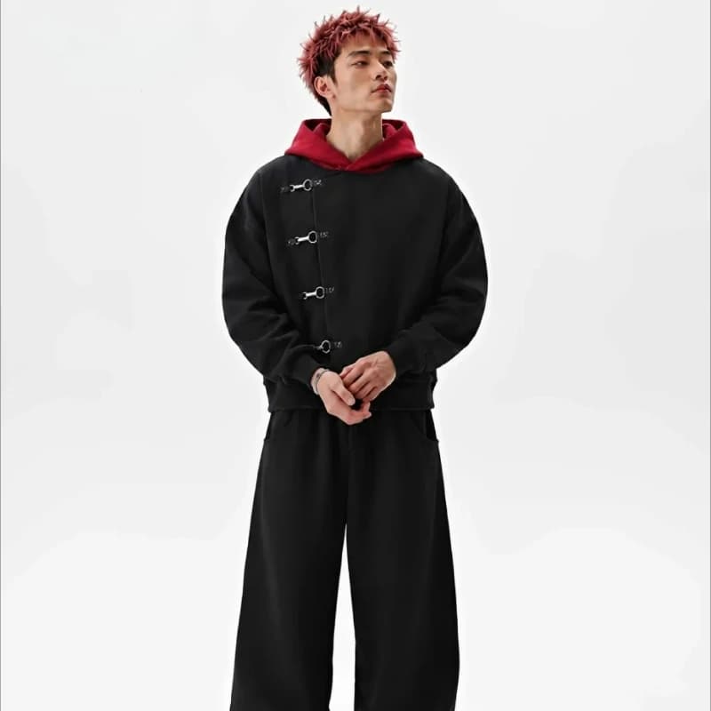 Y2K Retro Black White Match Hoodie Japanese Strap Button Splicing Metal Sweatshirt Trendy Simple Men Women Oversized Streetwear