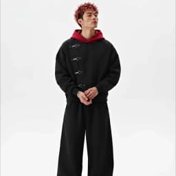 Y2K Retro Black White Match Hoodie Japanese Strap Button Splicing Metal Sweatshirt Trendy Simple Men Women Oversized Streetwear