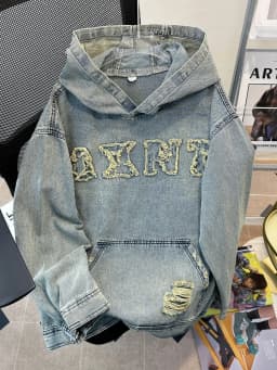 Men's Autumn New Hoodies&Sweatshirts Letter Patchwork Denim Pullover Tops American Fashion Streetwear Ripped Hooded Jackets