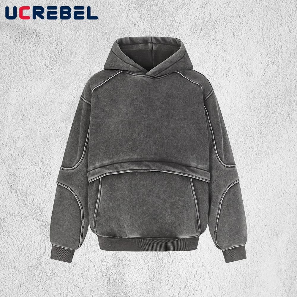 Front Pocket Spliced Hooded Sweatshirts Mens Autumn Winter Fleece Retro High Street Washed Distressed Long Sleeve Hoodies Man