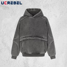 Front Pocket Spliced Hooded Sweatshirts Mens Autumn Winter Fleece Retro High Street Washed Distressed Long Sleeve Hoodies Man