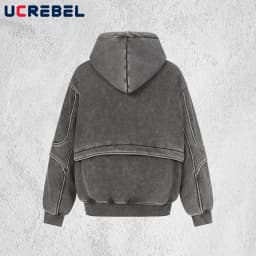 Front Pocket Spliced Hooded Sweatshirts Mens Autumn Winter Fleece Retro High Street Washed Distressed Long Sleeve Hoodies Man