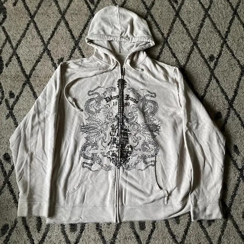 Y2K Men Zip Up Hoodie Graphic Hip Hop Collar Grunge Gothic American Retro Vintage Hoodies Clothes Punk Fashion Zipper Jackets