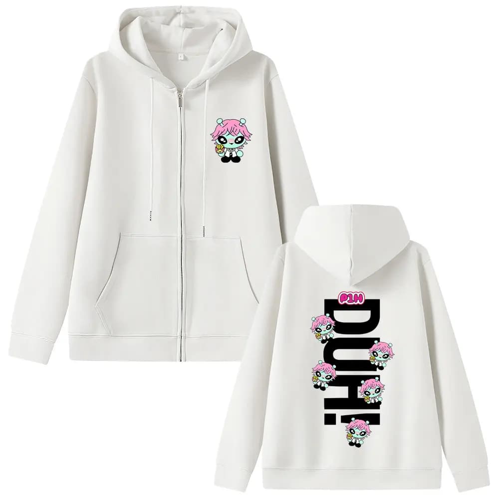 Korean Kpop P1Harmony 2025 DUH Cartoon Style Print Zipper Hoodie Cat Funny Meme Zip Up Jacket Men Women Hip Hop Fashion Hoodies