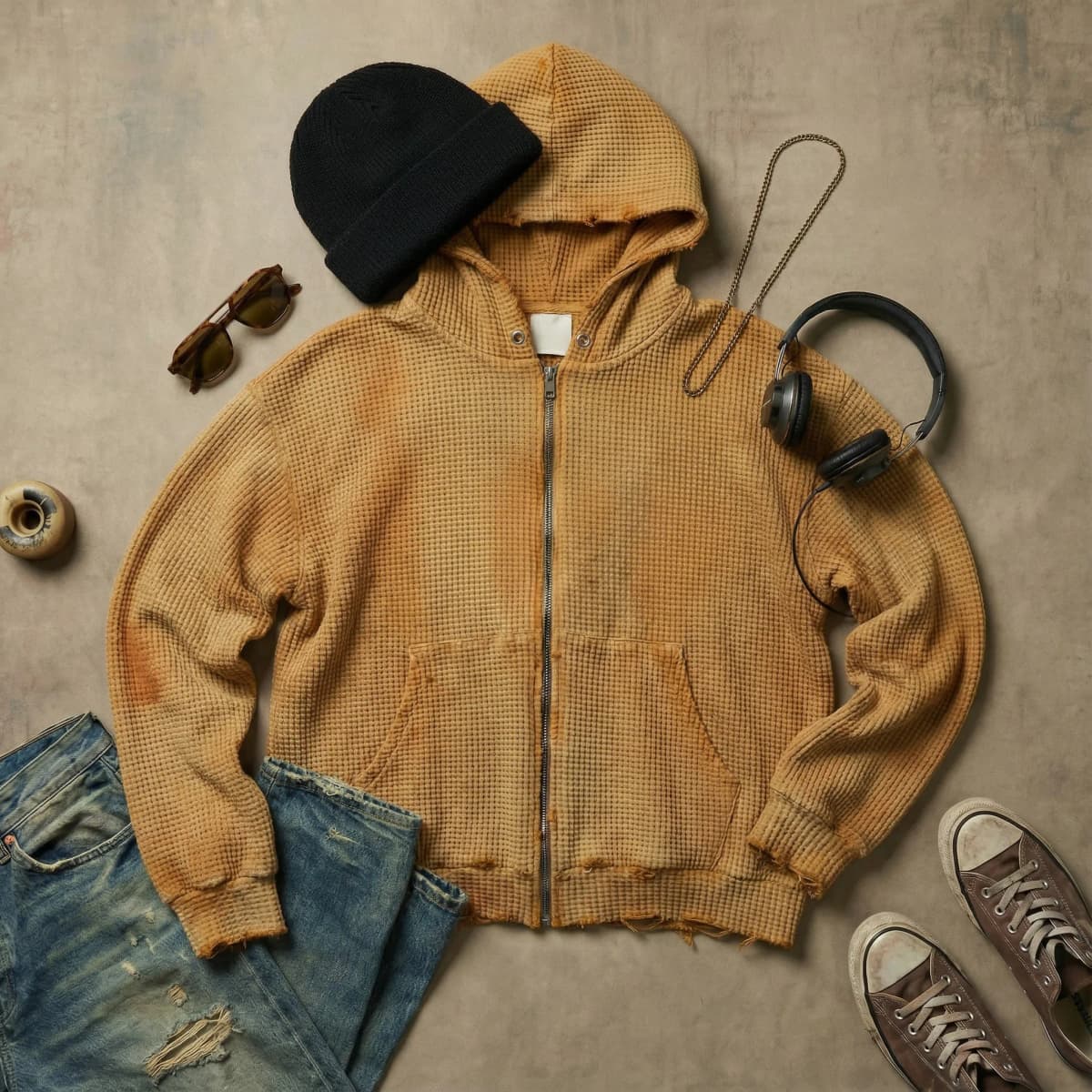 Casual Warm Street Style Retro Waffle Texture Zip Up Hoodie Men and Womens Brown Oversized Coat Y2K Harajuku Trendy Fashion Coat