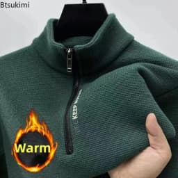 New Autumn Winter Men's Half Zipper Hoodies Fashion Casual Social Men Pullover Tops Stand Collar Warm Thicken Fleece Sweatshirts