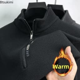 New Autumn Winter Men's Half Zipper Hoodies Fashion Casual Social Men Pullover Tops Stand Collar Warm Thicken Fleece Sweatshirts