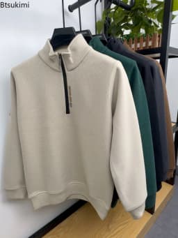 New Autumn Winter Men's Half Zipper Hoodies Fashion Casual Social Men Pullover Tops Stand Collar Warm Thicken Fleece Sweatshirts