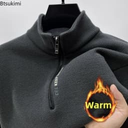 New Autumn Winter Men's Half Zipper Hoodies Fashion Casual Social Men Pullover Tops Stand Collar Warm Thicken Fleece Sweatshirts