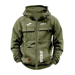 JOMA Men's Loose Fleece-lined Hoodie Jacket with Multiple Pockets Retro American Style Spring Autumn Winter Casual Outerwear