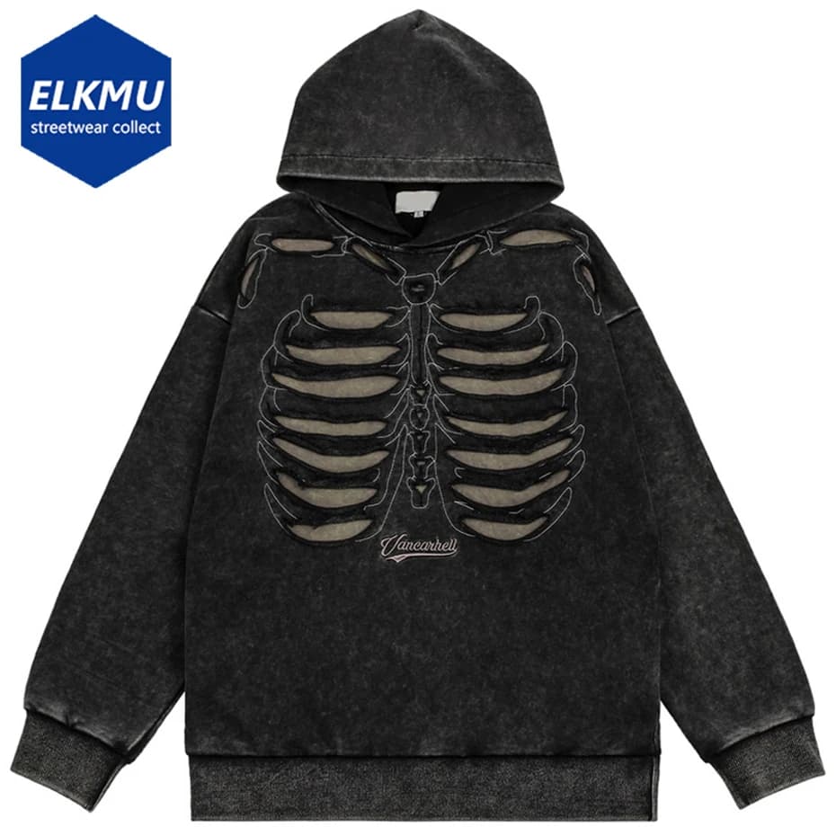 Punk Skeleton Ripped Hoodie for Men Washed Vintage Oversized Pullover Hoodies Hip Hop Streetwear Harajuku Y2K Hooded Sweatshirt