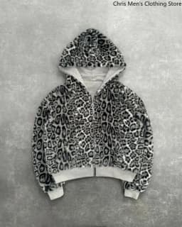 New Two-sided Clothing Harajuku Retro Leopard Print Fashionable Loose Zipper Hoodie Men Street Hip-hop Casual Sweatshirt Women