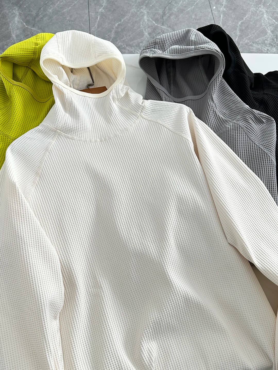 Afashion Lightweight Soft Elastic Waffle Grid Harajuku Style Half Face Hooded Loose Thin Sweatshirt Unisex Polyester Fiber Lo