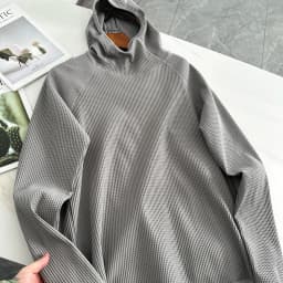 Lightweight Soft Elastic Waffle Grid Harajuku Style Half Face Hooded Loose Thin Sweatshirt Unisex Polyester Fiber Long Sleeve